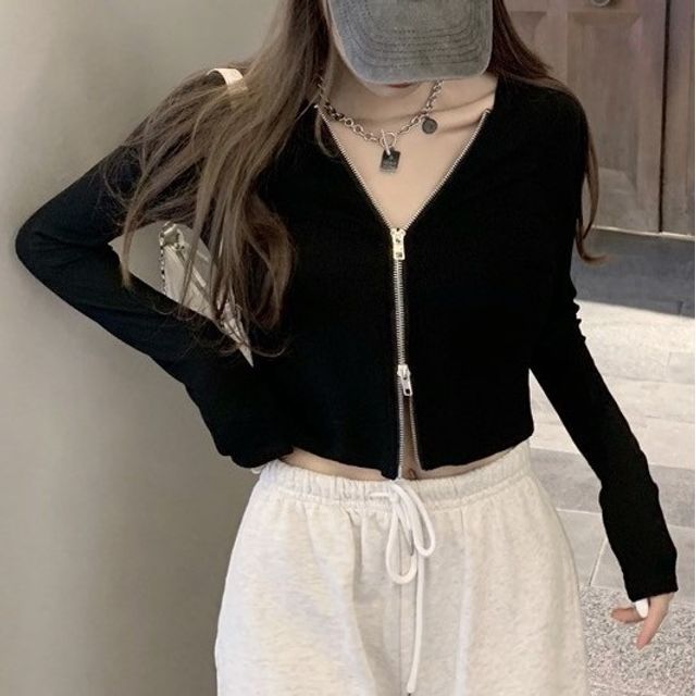 Plain Zip Cropped Hoodie SpreePicky