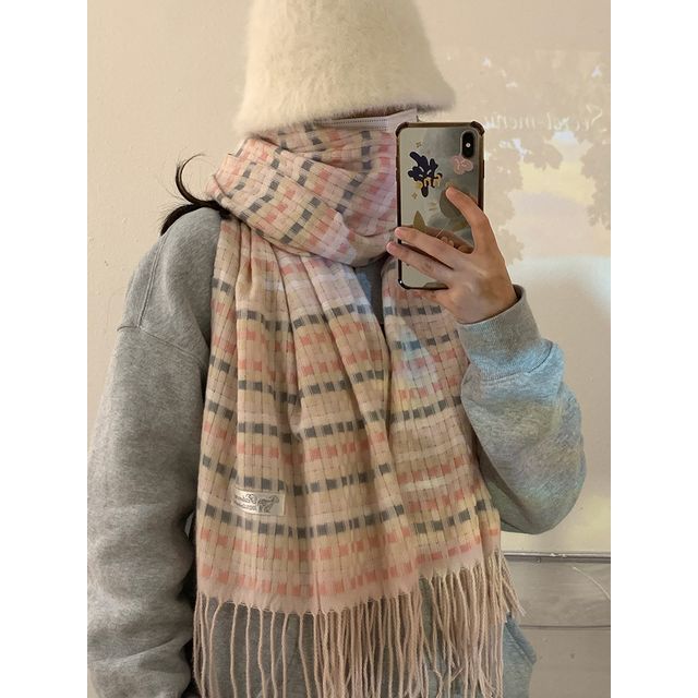 Plaid Fringed Trim Winter Scarf SpreePicky