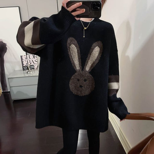 Crew Neck Rabbit Embroidered Sweater SpreePicky