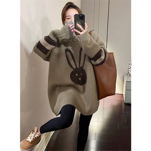 Crew Neck Rabbit Embroidered Sweater SpreePicky