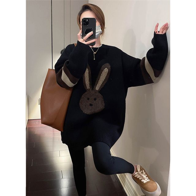 Crew Neck Rabbit Embroidered Sweater SpreePicky