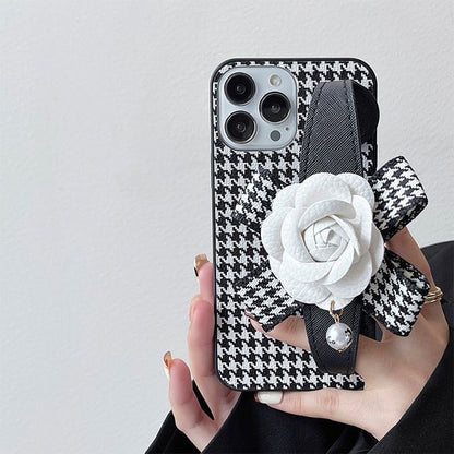 Floral Houndstooth Strap Phone Case - iPhone 14 Pro Max / 14 Pro / 14 Max / 14 / 13 Pro Max / 13 Pro / 13 / 13 mini / 12 Pro Max / 12 Pro / 12 / 12 mini / 11 Pro Max / 11 Pro / 11 / SE / XS Max / XS / XR / X / 8 / 8 Plus / 7 / 7 Plus SpreePicky