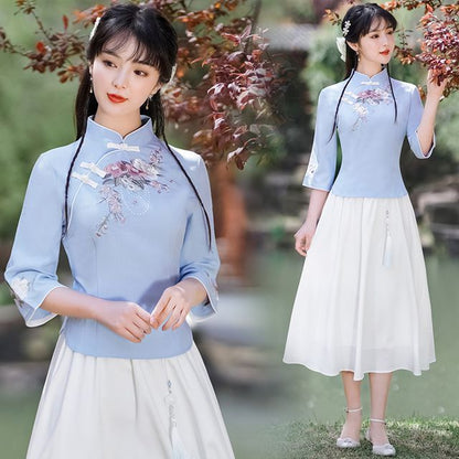 3/4-Sleeve Mock Neck Floral Embroidered Hanfu Top SpreePicky