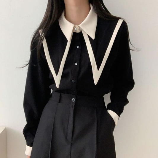 Long-Sleeve Collared Two Tone Shirt SpreePicky