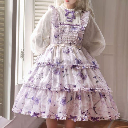 Lolita Long-Sleeve Floral Bow Ruffle Trim Midi A-Line Dress mySite