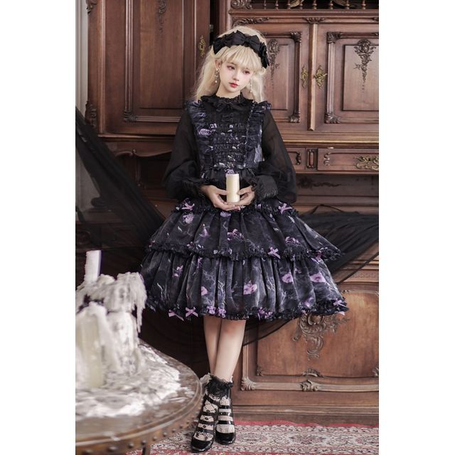 Lolita Long-Sleeve Floral Bow Ruffle Trim Midi A-Line Dress mySite