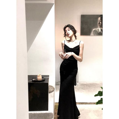 Spaghetti Strap Cowl Neck Plain Mermaid Evening Gown SpreePicky