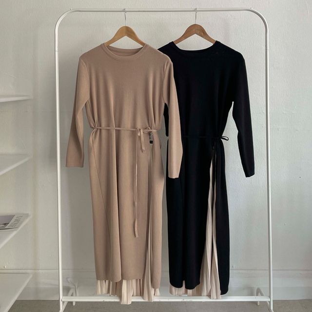 Mock Two-Piece Long-Sleeve Pleated Panel Midi A-Line Knit Dress SpreePicky