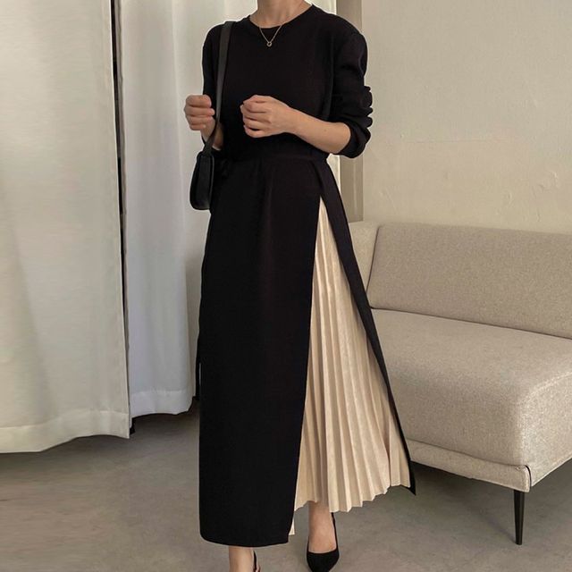 Mock Two-Piece Long-Sleeve Pleated Panel Midi A-Line Knit Dress SpreePicky