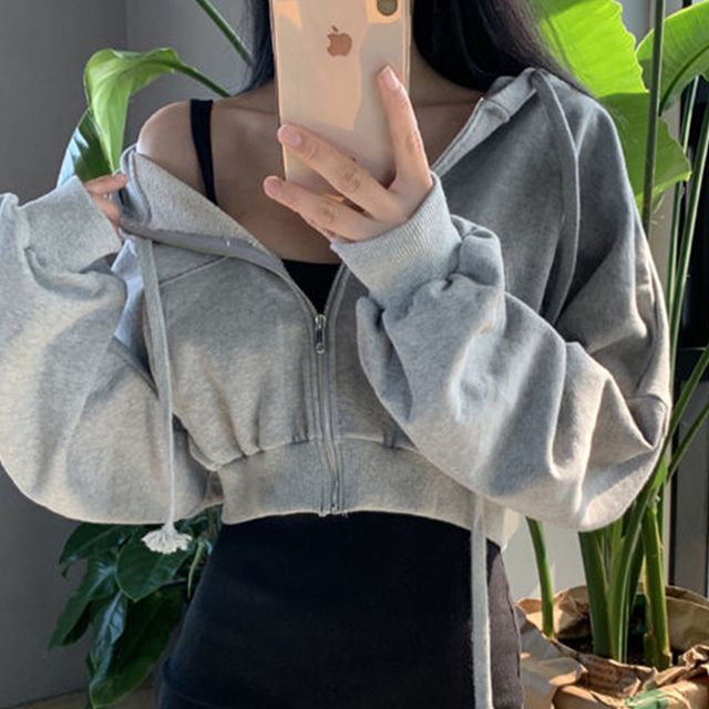 Plain Crop Zip Hoodie SpreePicky