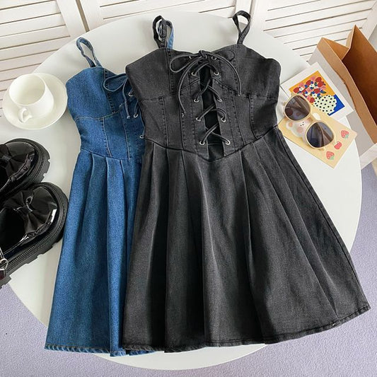 Spaghetti Strap Plain Lace-Up Denim Mini A-Line Dress mySite