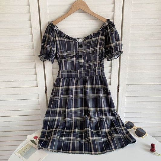 Short-Sleeve Off-Shoulder Plaid Mini A-Line Dress mySite