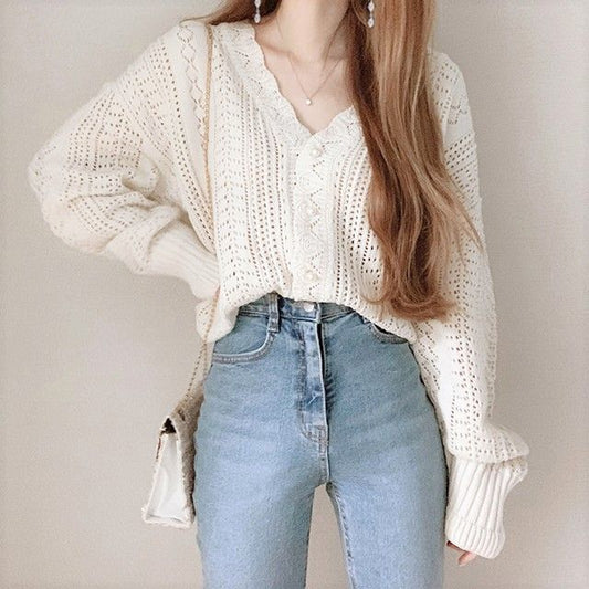 V-Neck Plain Pointelle Knit Cardigan mySite