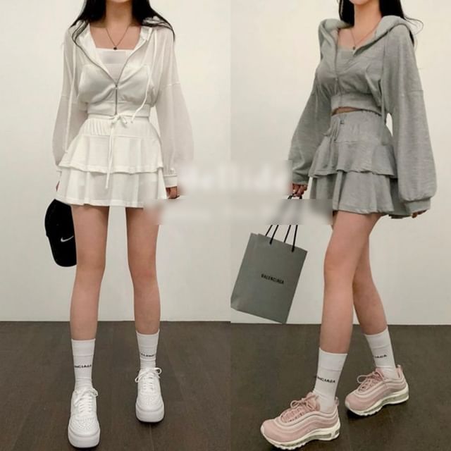 Set: Plain Crop Zip Hoodie + Drawstring Waist Tiered Mini A-Line Skirt mySite