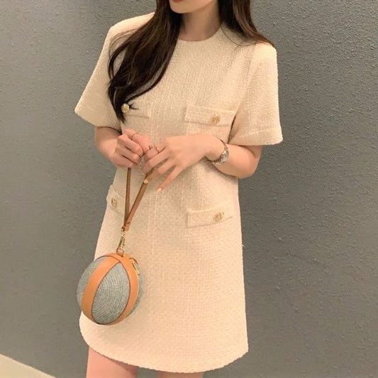 Short-Sleeve Round Neck Plain Tweed Mini A-Line Dress mySite