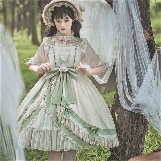 Lolita Flower Embroidered Lace Trim Bow Dungaree Dress / A-Line Skirt / Socks / Set mySite