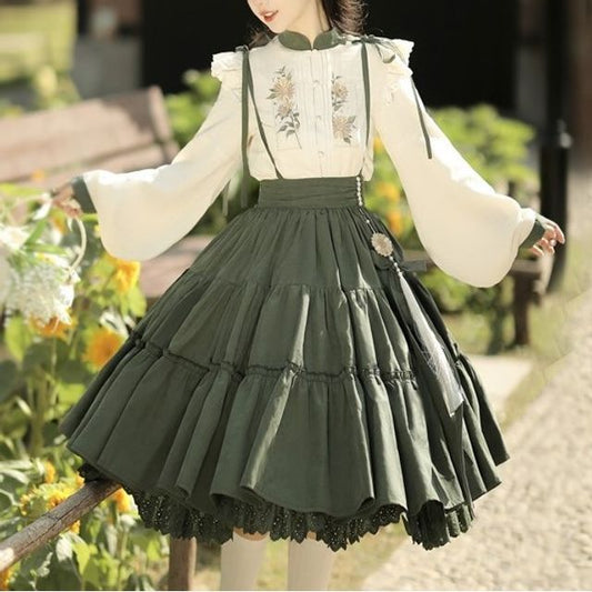 Flower Embroidered Lace Trim Lolita Blouse / Midi Jumper Dress / Set mySite