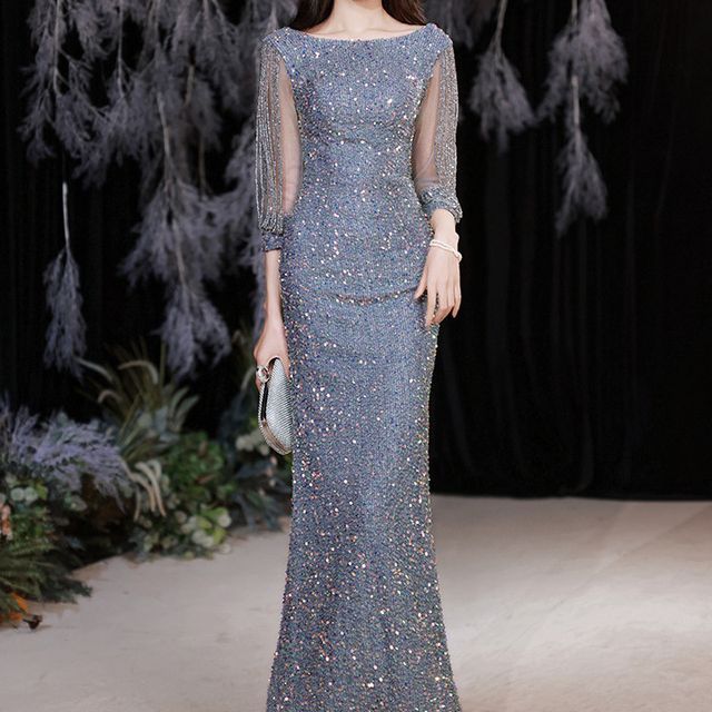 Puff-Sleeve Sequined Rhinestone Mermaid Evening Gown SpreePicky