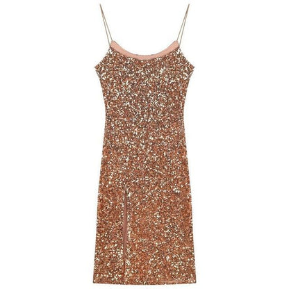 Spaghetti Strap Sequined Slit Bodycon Cocktail Dress SpreePicky