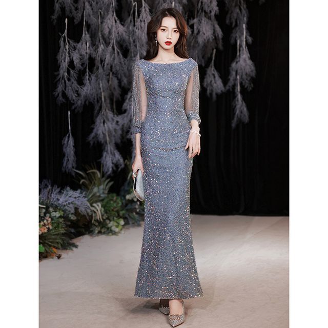 Puff-Sleeve Sequined Rhinestone Mermaid Evening Gown SpreePicky