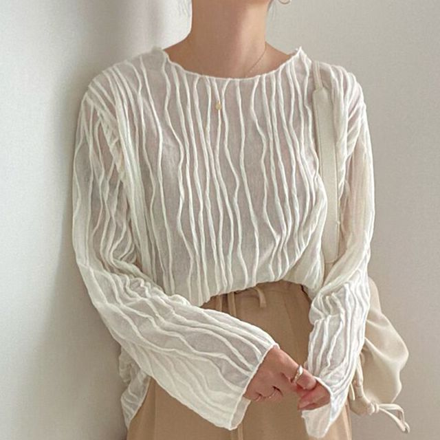 Long-Sleeve Boat Neck Striped Blouse SpreePicky