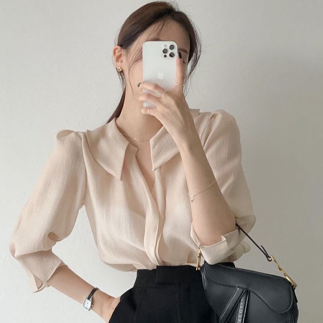 Elbow-Sleeve Collared Plain Blouse SpreePicky