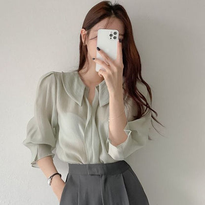 Elbow-Sleeve Collared Plain Blouse SpreePicky