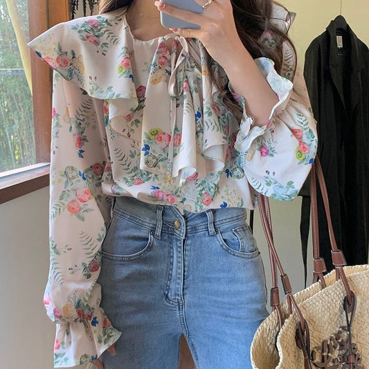 Puff-Sleeve Floral Print Ruffled Drawstring Blouse mySite