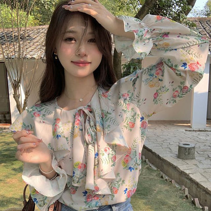 Puff-Sleeve Floral Print Ruffled Drawstring Blouse mySite