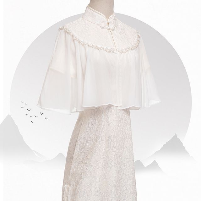 Set: Short-Sleeve Lace Midi Qipao + Faux Pearl Capelet SpreePicky