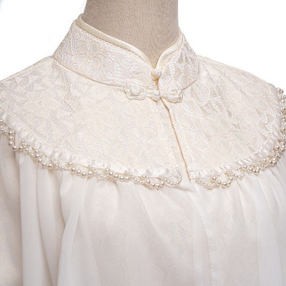 Set: Short-Sleeve Lace Midi Qipao + Faux Pearl Capelet SpreePicky