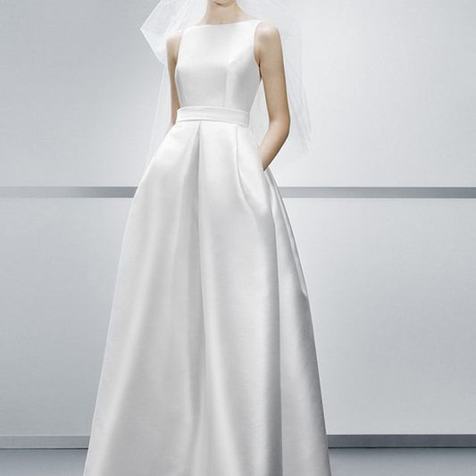 Sleeveless Boat Neck Plain Satin A-Line Wedding Gown SpreePicky