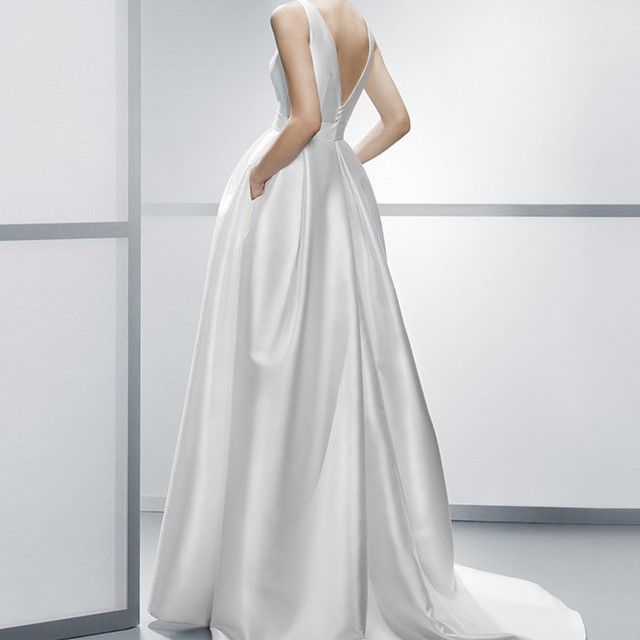 Sleeveless Boat Neck Plain Satin A-Line Wedding Gown SpreePicky