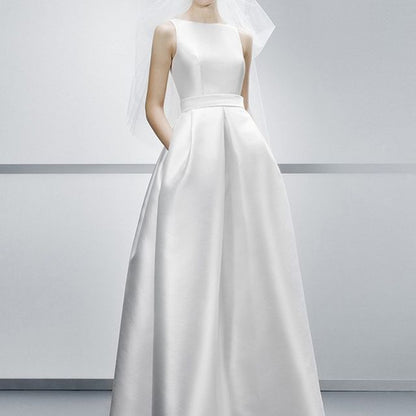 Sleeveless Boat Neck Plain Satin A-Line Wedding Gown SpreePicky