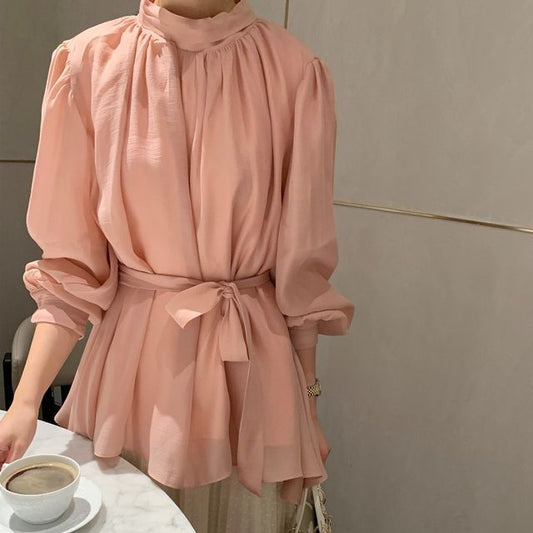 Puff-Sleeve Plain Tie-Front Shirred Blouse SpreePicky