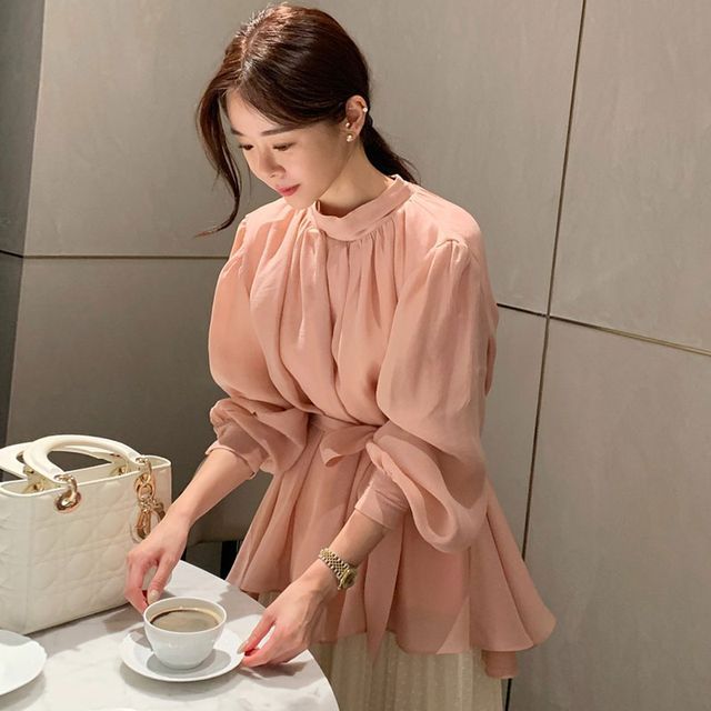 Puff-Sleeve Plain Tie-Front Shirred Blouse SpreePicky