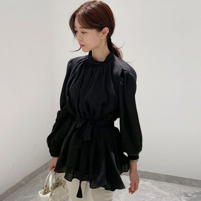 Puff-Sleeve Plain Tie-Front Shirred Blouse SpreePicky