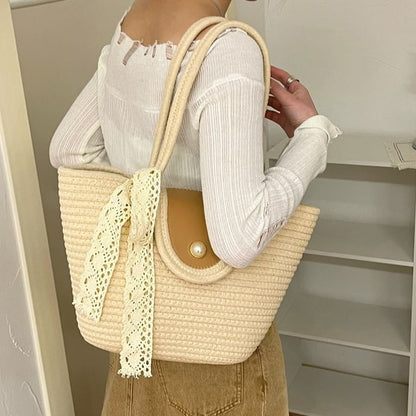 Faux Pearl Buttoned Woven Tote Bag SpreePicky