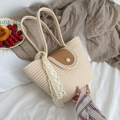 Faux Pearl Buttoned Woven Tote Bag SpreePicky