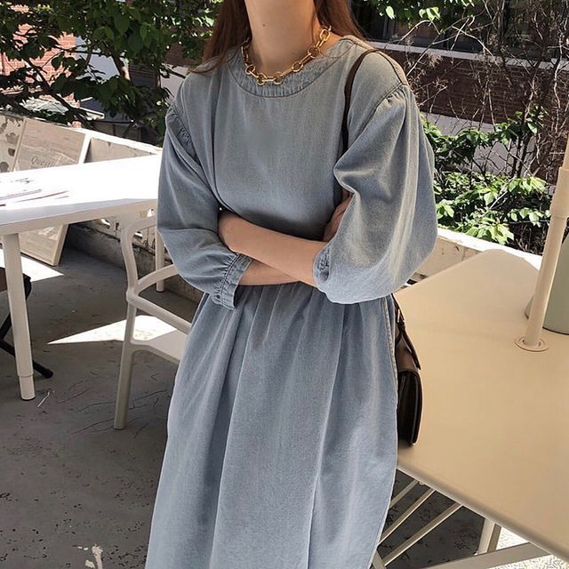 3/4-Sleeve Round Neck Plain Washed Denim Midi Dress SpreePicky