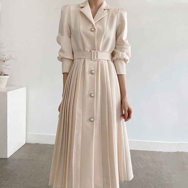 Long-Sleeve Notch Lapel Faux Pearl Button Pleated Midi A-Line Dress SpreePicky