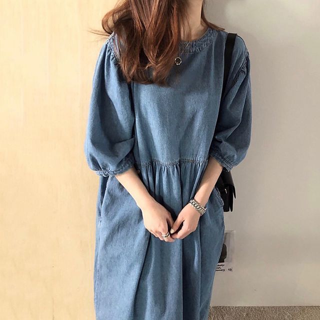 3/4-Sleeve Round Neck Plain Washed Denim Midi Dress SpreePicky