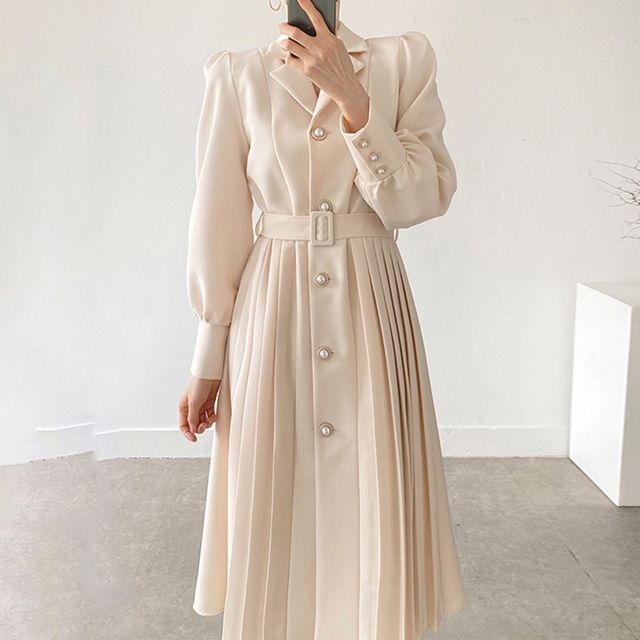 Long-Sleeve Notch Lapel Faux Pearl Button Pleated Midi A-Line Dress SpreePicky