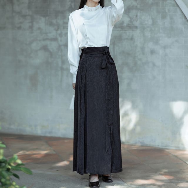 Long-Sleeve Stand Collar Embroidered Blouse / Tie-Waist Pleated Maxi A-Line Skirt SpreePicky