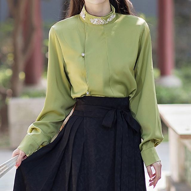 Long-Sleeve Stand Collar Embroidered Blouse / Tie-Waist Pleated Maxi A-Line Skirt SpreePicky