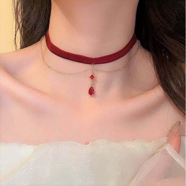 Faux Crystal Pendant Layered Velvet Choker SpreePicky