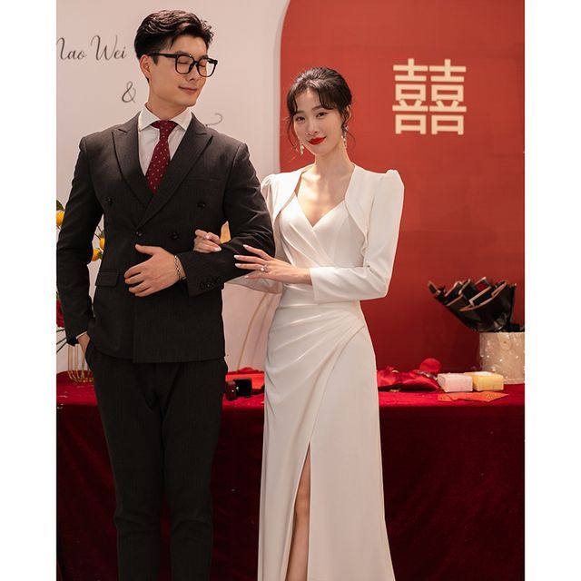 Strap Ruched Slit / A-Line V-Neck Wedding Spaghetti Gown Wrap Bolero Plain Set FashionChic