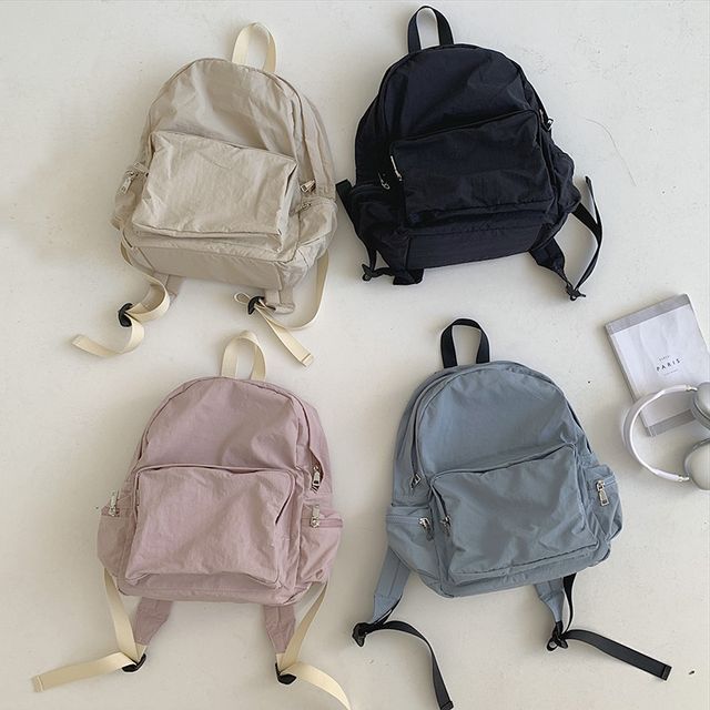 Nylon Plain Backpack Zip FashionChic