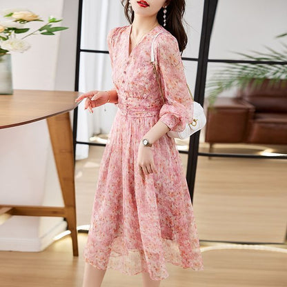 Long-Sleeve V-Neck Floral Print Button Midi A-Line Dress mySite