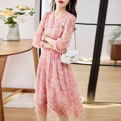 Long-Sleeve V-Neck Floral Print Button Midi A-Line Dress mySite